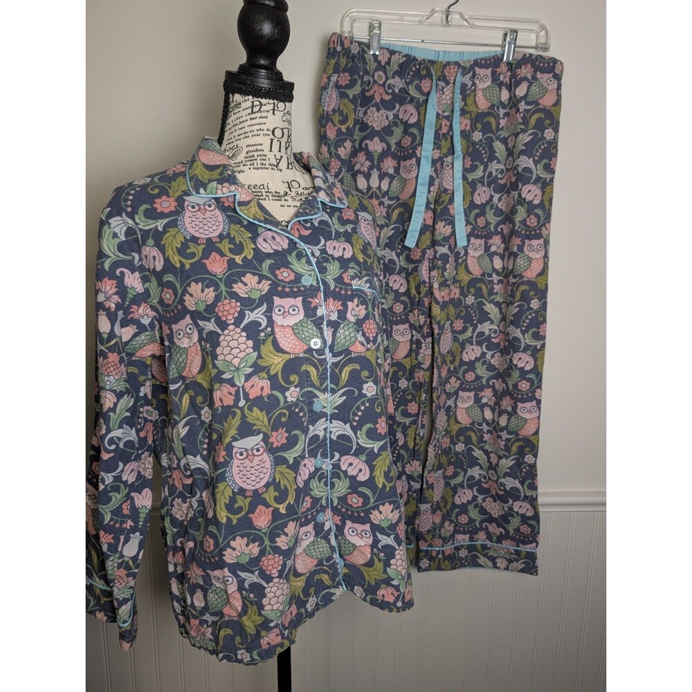 Nick & Nora 2 Piece Pajama Set Sz M 100% Cotton Flannel Night Owls Print Womens